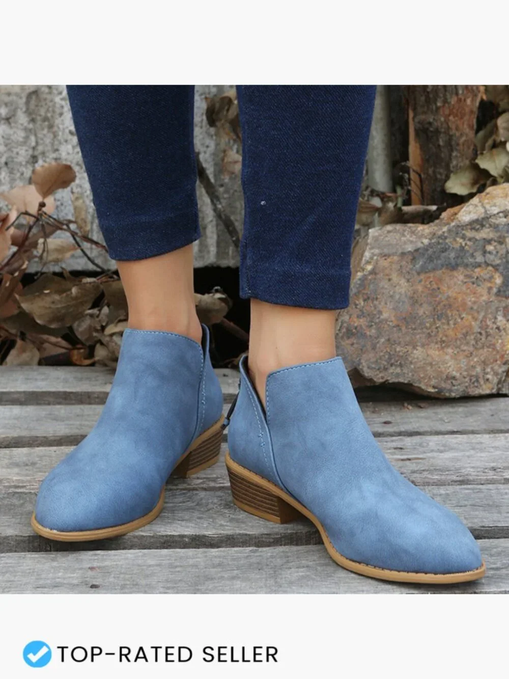 Casual Low Heeled Ankle Booties Chunky Block Heel Side V Cut Zip Closure